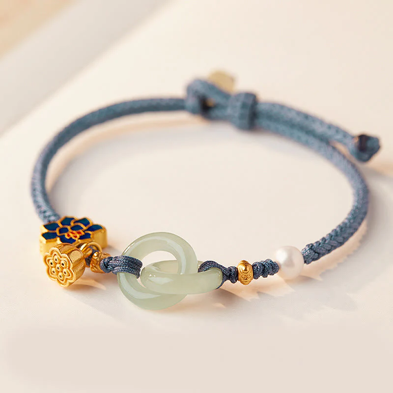 Buddha Stones Hetian Jade Lotus Peace Buckle Braided Rope Fortune Bracelet