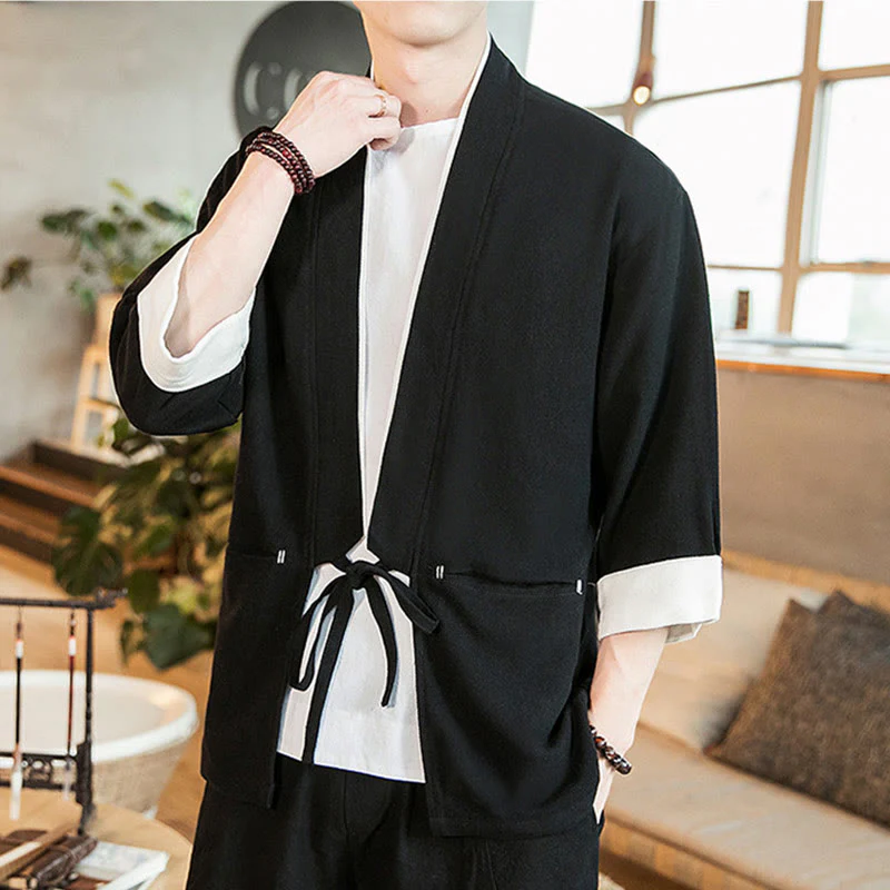 Buddha Stones Lace-Up Design Open Front Jacket Cotton Linen Men's Kimono With Pockets