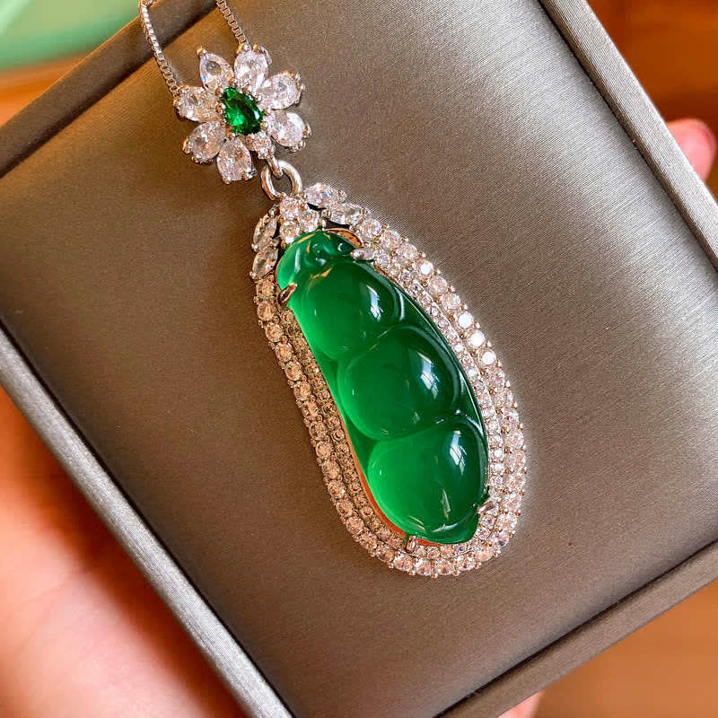 Buddha Stones Fortune Bean Cyan Jade Luck Necklace Pendant