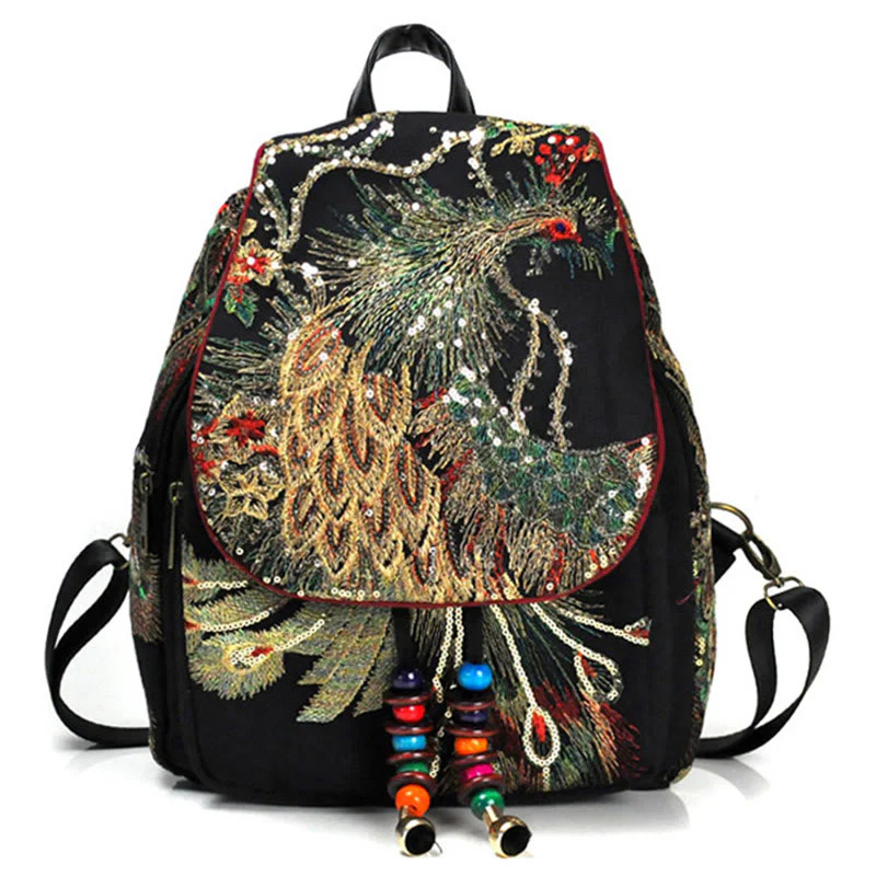 Buddha Stones Peacock Embroidery Canvas Tassel Backpack