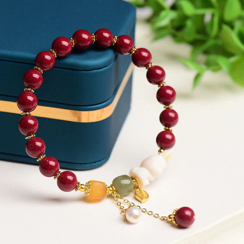 Buddha Stones Year of the Rabbit Cinnabar Hetian Jade Bunny Beaded Blessing Bracelet