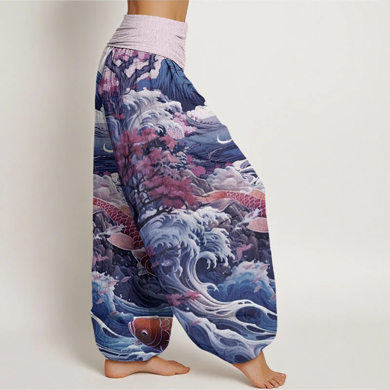 Buddha Stones Casual Blossoming Tree Koi Fish Wave Mountain Pattern Women's Elastic Waist Harem Pants