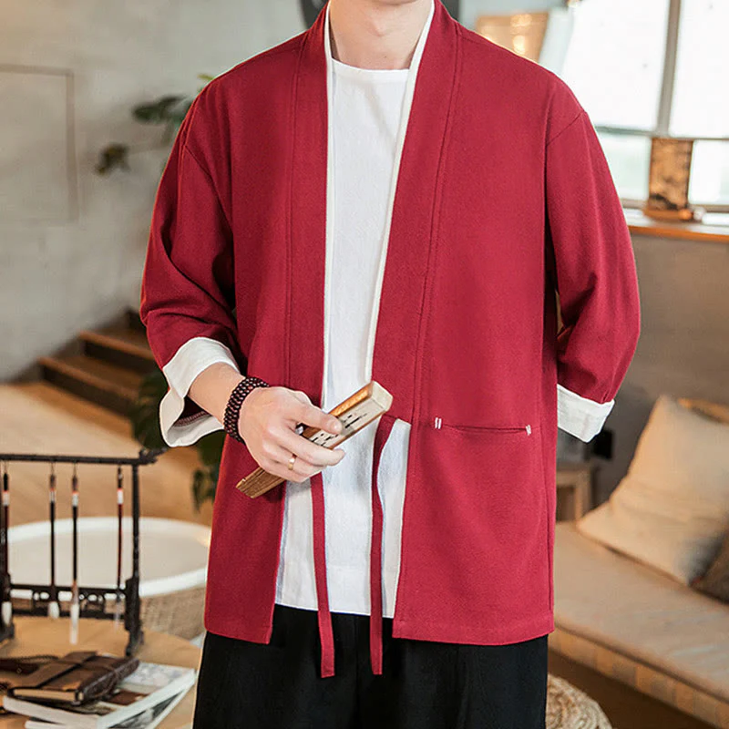 Buddha Stones Lace-Up Design Open Front Jacket Cotton Linen Men's Kimono With Pockets