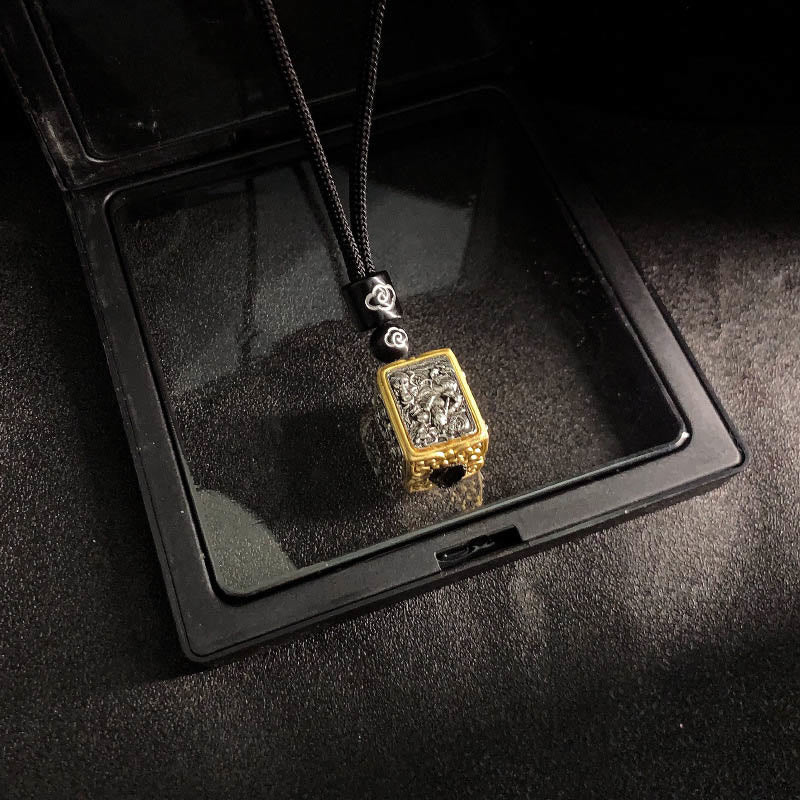 Buddha Stones Tibetan Zakiram Goddess Of Wealth Protection Rope Square Necklace Pendant