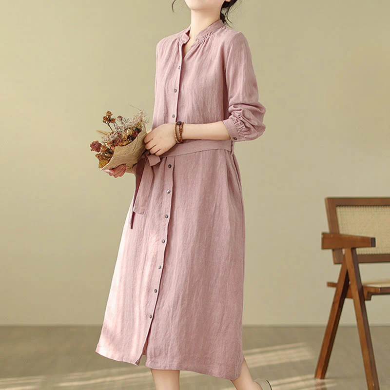 Buddha Stones Casual Plain Drawstring Button Cotton Linen Midi Dress With Pockets