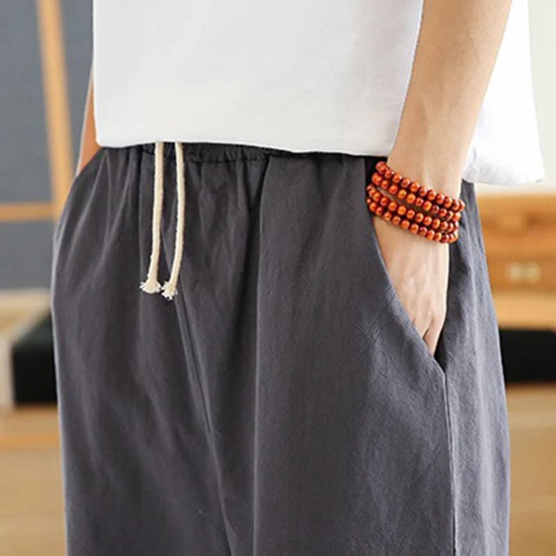 Buddha Stones Spring Casual Embroidery Drawstring Men's 7-8 Length Cotton Linen Harem Pants With Pockets