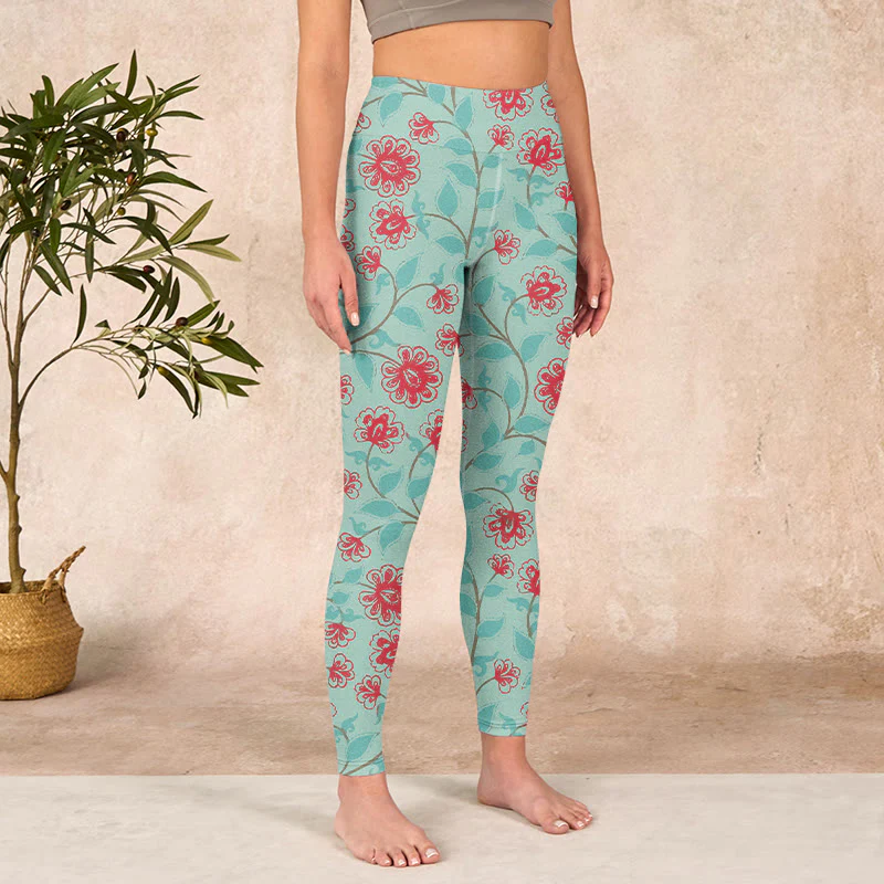 Buddha Stones Vine Leaves Blossom Print Gym Leggings Women's Yoga Pants