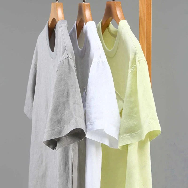 Buddha Stones Casual Simple Design Crew Neck Men's Short Sleeve Linen Shirt With Pocket