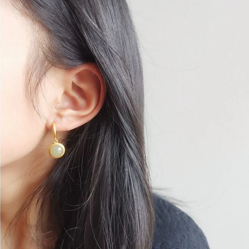 Buddha Stones 925 Sterling Silver White Jade Agate Prosperity Earrings