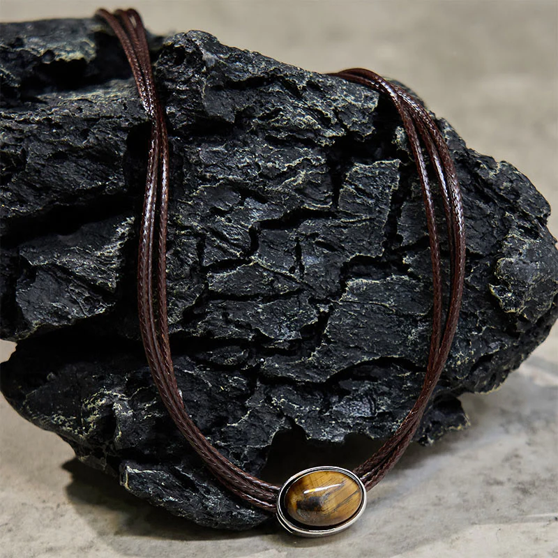 Buddha Stones Natural Tiger Eye Ellipse Protection Wax Rope Necklace Pendant