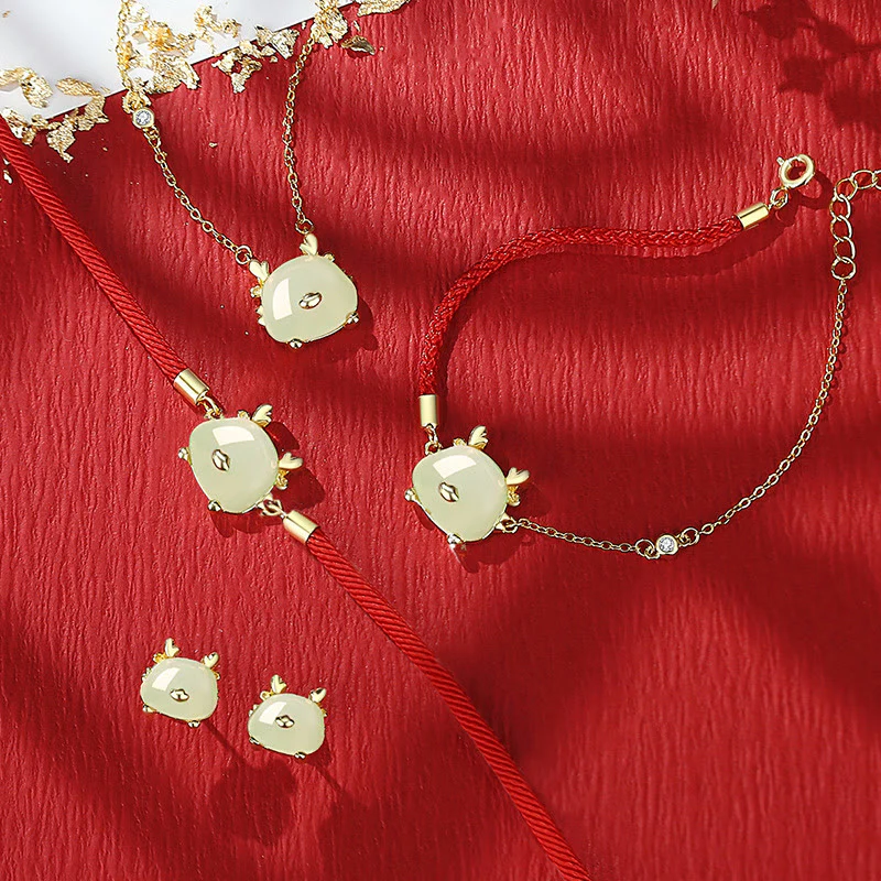 Buddha Stones 925 Sterling Silver Year of the Dragon Natural Hetian Jade Red Agate Cute Dragon Protection Success Bracelet Necklace Pendant Earrings (Extra 30% Off | USE CODE: FS30)