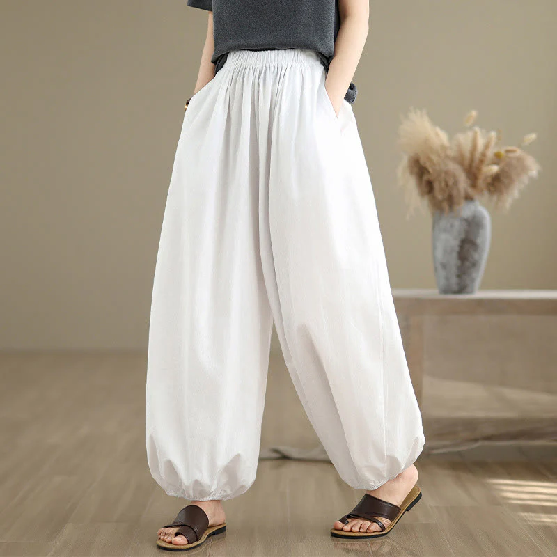 Buddha Stones Commute Summer Plain Women's Cotton Bloomers Pants With Pockets