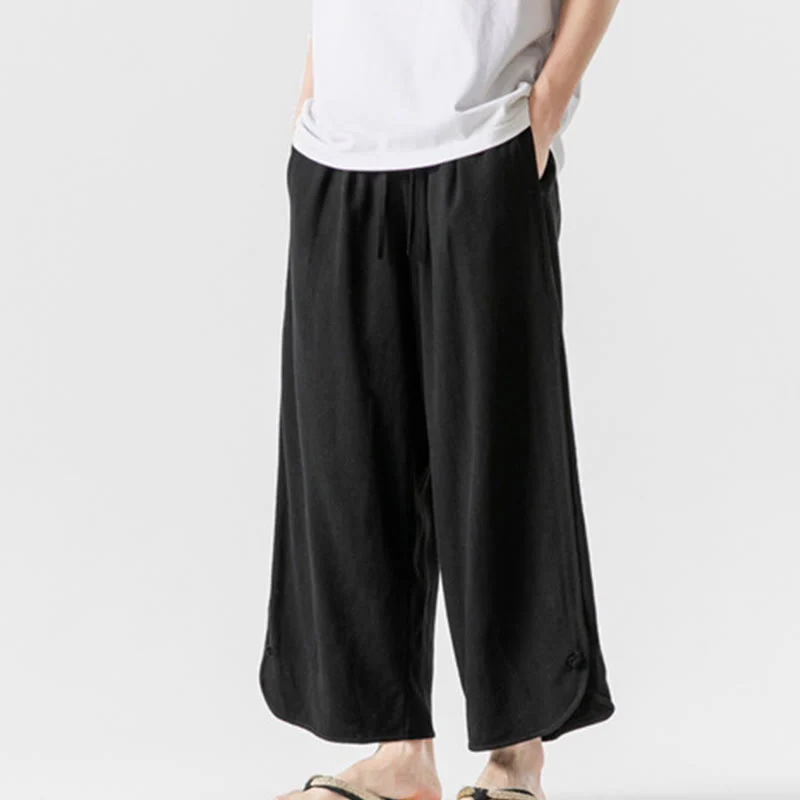 Buddha Stones Casual Loose Frog-Button Plain Men's Cotton Linen 7-8 Length Pants With Pockets