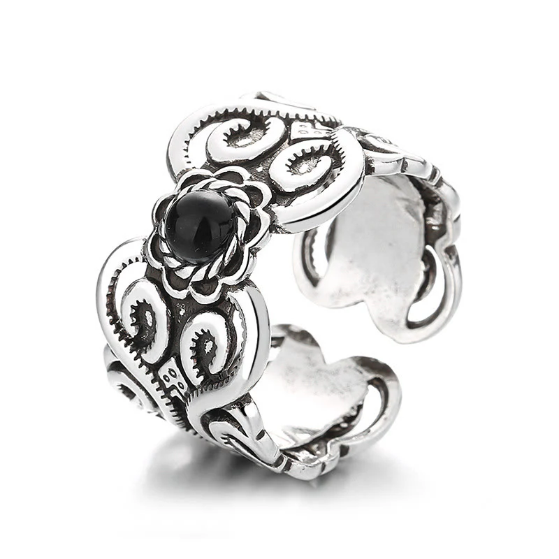 Buddha Stones Black Onyx Copper Mongolian Pattern Adjustable Fortune Ring