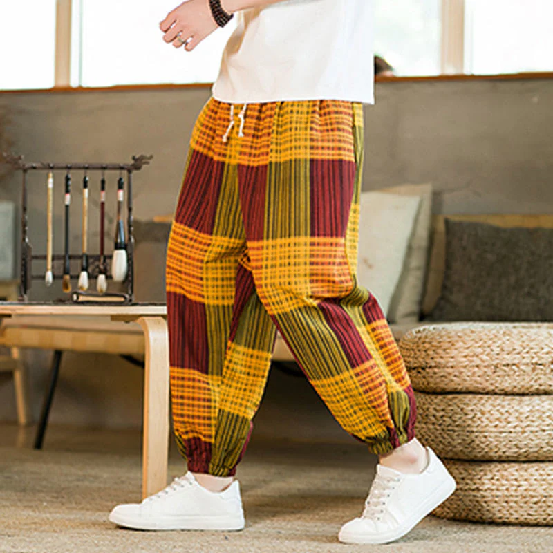 Buddha Stones Summer Checkered Stripes Cotton Linen Men's Harem Pants With Pockets