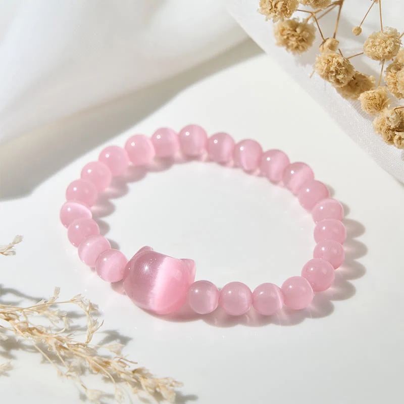 Buddha Stones Lovely Cat Head Pink Cat's Eye White Cat's Eye Spiritual Beads Bracelet
