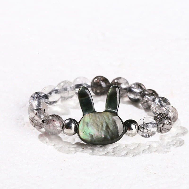 Buddha Stones 3mm Black Rutilated Quartz Tridacna Stone Rabbit Cat Ring