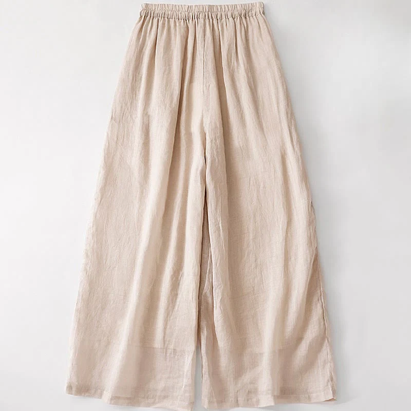 Buddha Stones Summer Embroidery Double Layer Cotton Linen Women's Wide Leg Pants With Pockets