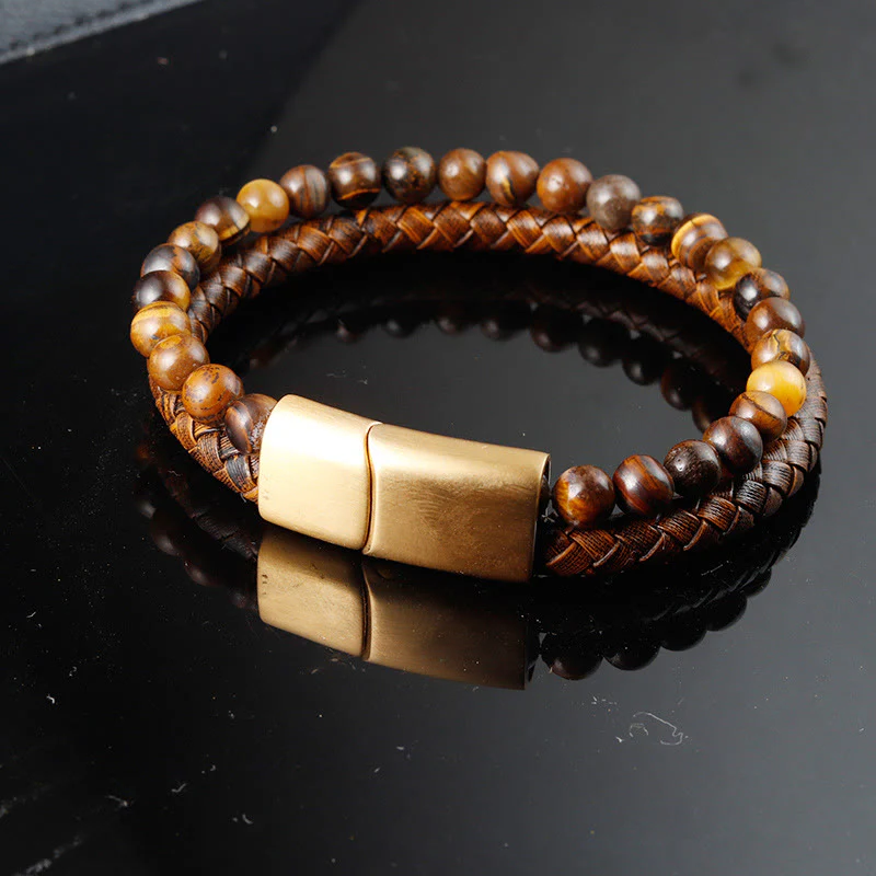 Buddha Stones Multi-layer Woven Tiger Eye Stone Beads Leather Titanium Steel Strength Buckle Bracelet