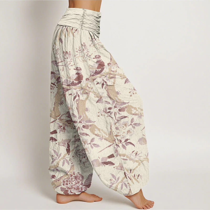 Buddha Stones Birds Branches Flowers Pattern Women's Elastic Waist Harem Pants