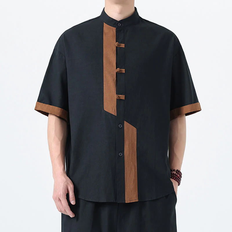 Buddha Stones Casual Color Matching Chinese Frog-Button Design Tang Suit Men's Half Sleeve Cotton Linen Shirt