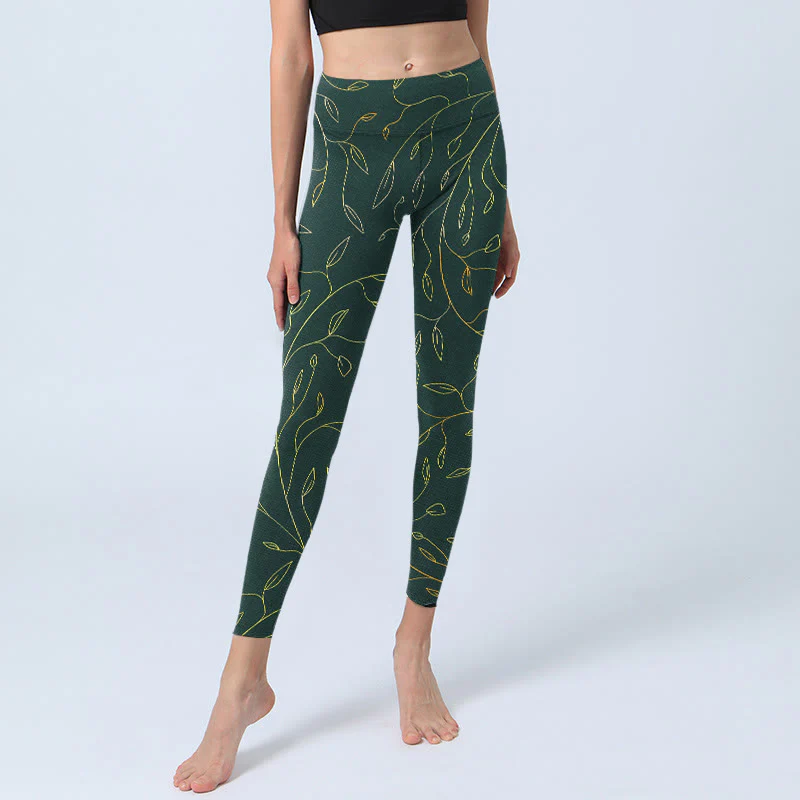 Buddha Stones Green Golden Leaves Branches Print Gym Leggings Women's Yoga Pants