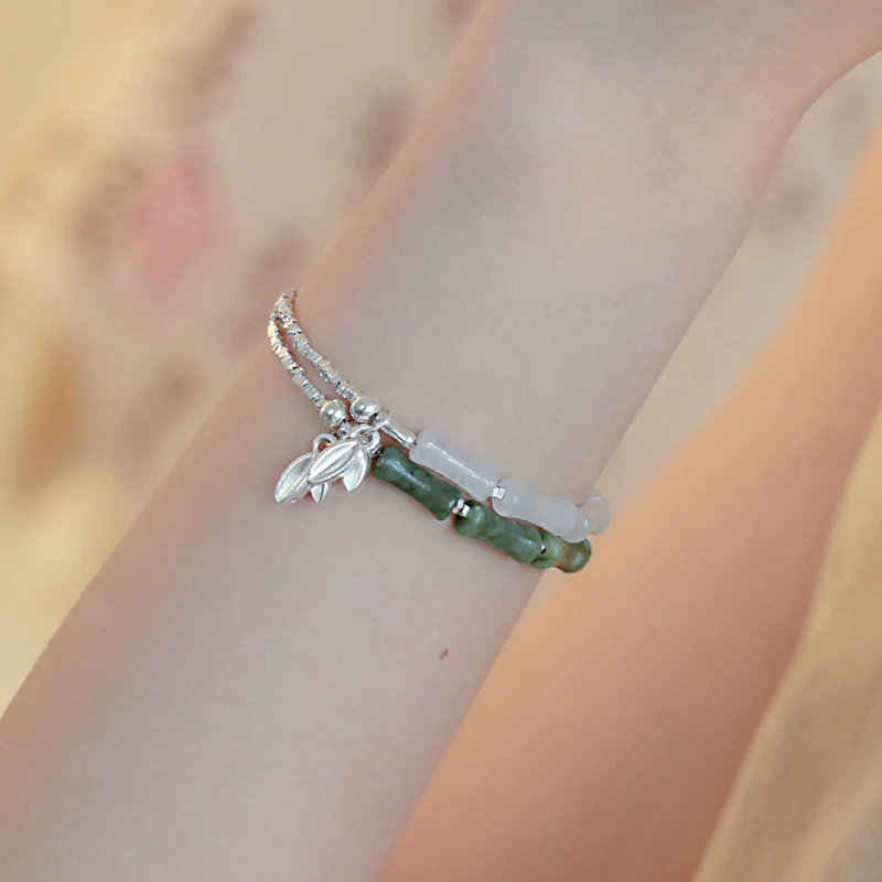 Buddha Stones 925 Sterling Silver Peridot Bamboo Pattern Luck Bracelet