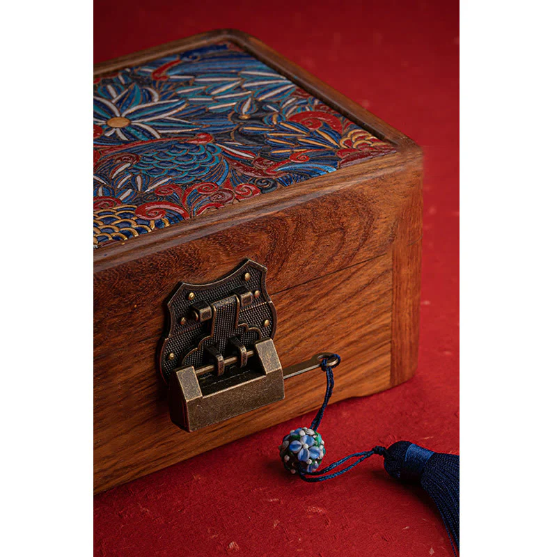 Buddha Stones Retro Handmade Floral Pattern Rosewood Jewelry Storage Box Lockable Wooden Gift Organizer Box