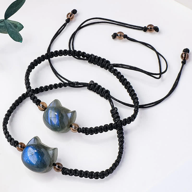 Buddha Stones Natural Labradorite Cute Cat Head Black Rope Healing Bracelet