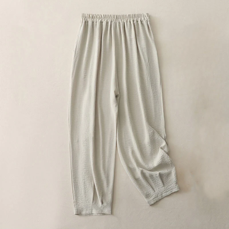 Buddha Stones Commute Casual Plain Frog-Button Design Women's Harem Cotton Linen 7-8 Length Pants With Pockets