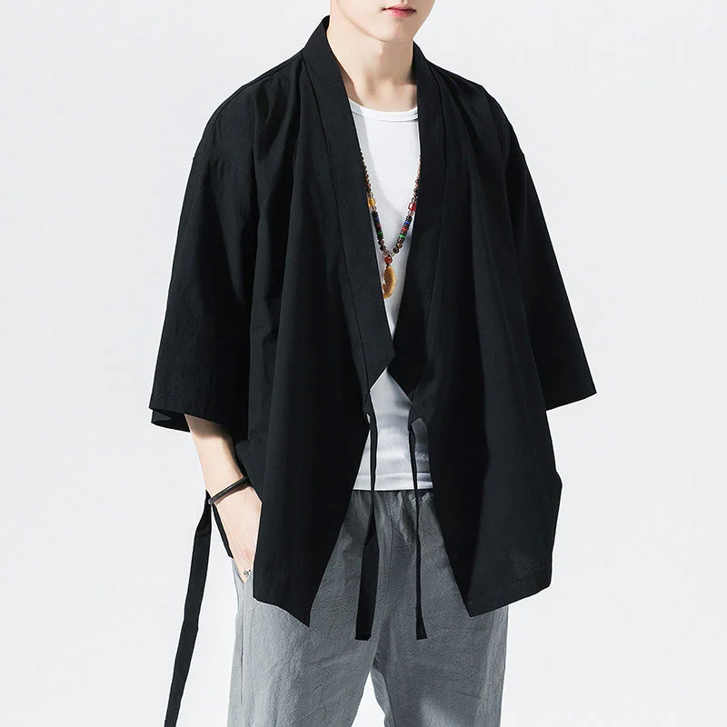 Buddha Stones Casual Plain Tang Suit Open Front Jacket Cotton Linen Men's Kimono