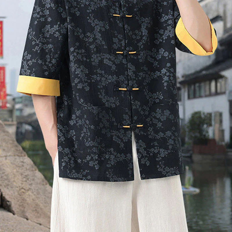 Buddha Stones Retro Printing Flower Pattern Frog-Button Design Stand Collar Men's Half Sleeve Cotton Shirt With Pockets