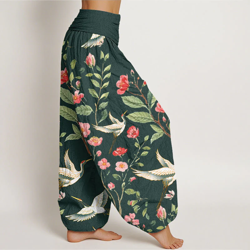 Buddha Stones Casual Red Flowers Crane Pattern Women's Elastic Waist Harem Pants