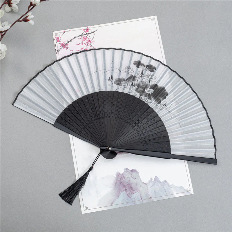 Buddha Stones Mountains Plum Blossom Lotus Magpie Bamboo Leaves Handheld Silk Bamboo Folding Fan 22.5cm
