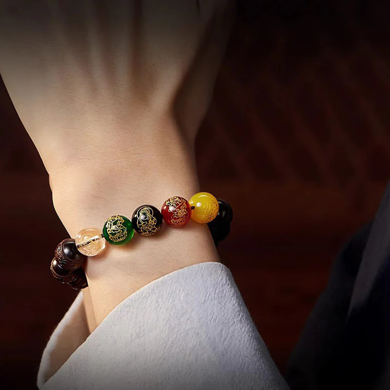 Buddha Stones Small Leaf Red Sandalwood Five Directions Gods of Wealth Calm Bracelet