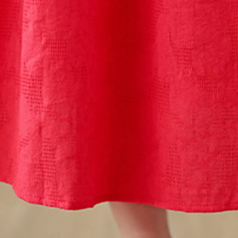 Buddha Stones Plain Jacquard Flower Irregular Design Cotton Linen Midi Dress With Pockets