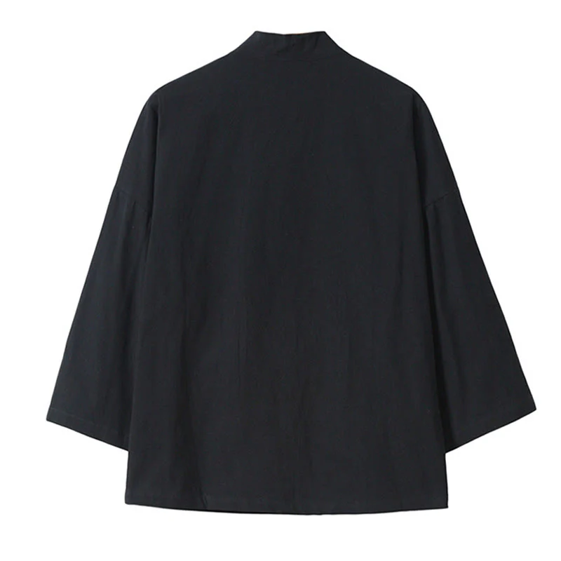 Buddha Stones Embroidery Flying White Cranes Cotton Linen Open Front Jacket Men's Kimono