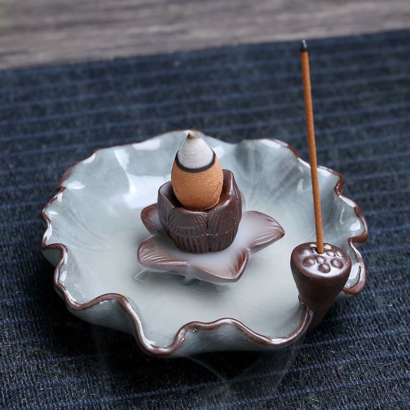 Buddha Stones Lotus Plum Blossom Square Ceramic Spiritual Backflow Incense Burner