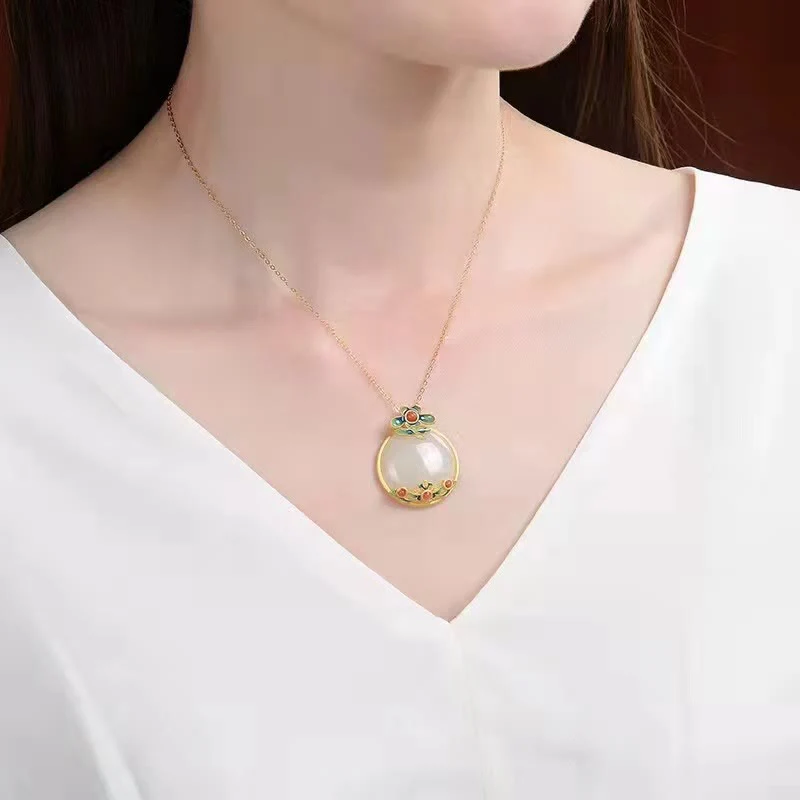 Buddha Stones White Jade Red Agate Flower Blessing Luck Necklace Pendant