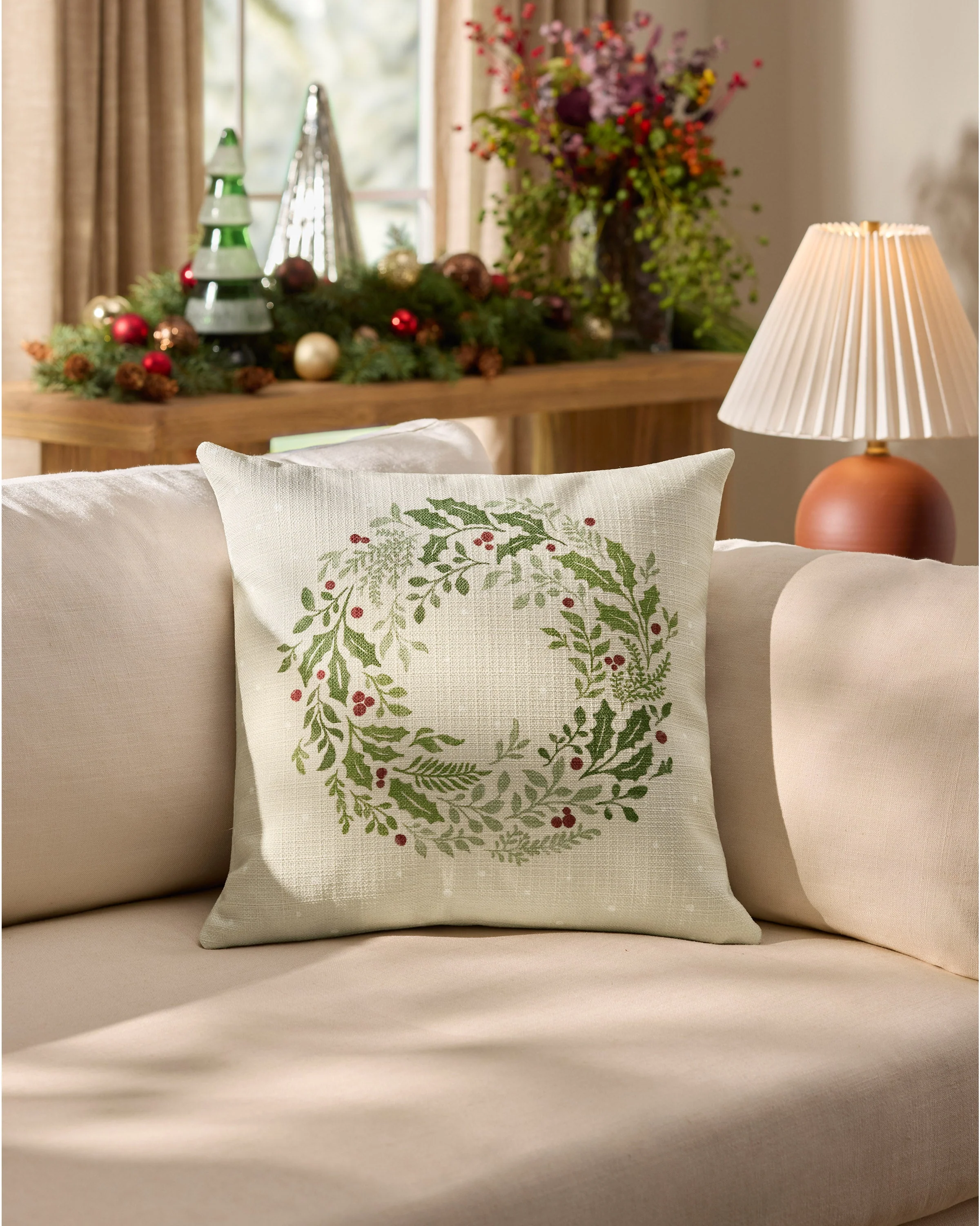 Holly Wreath Ivory Woven Throw Pillow