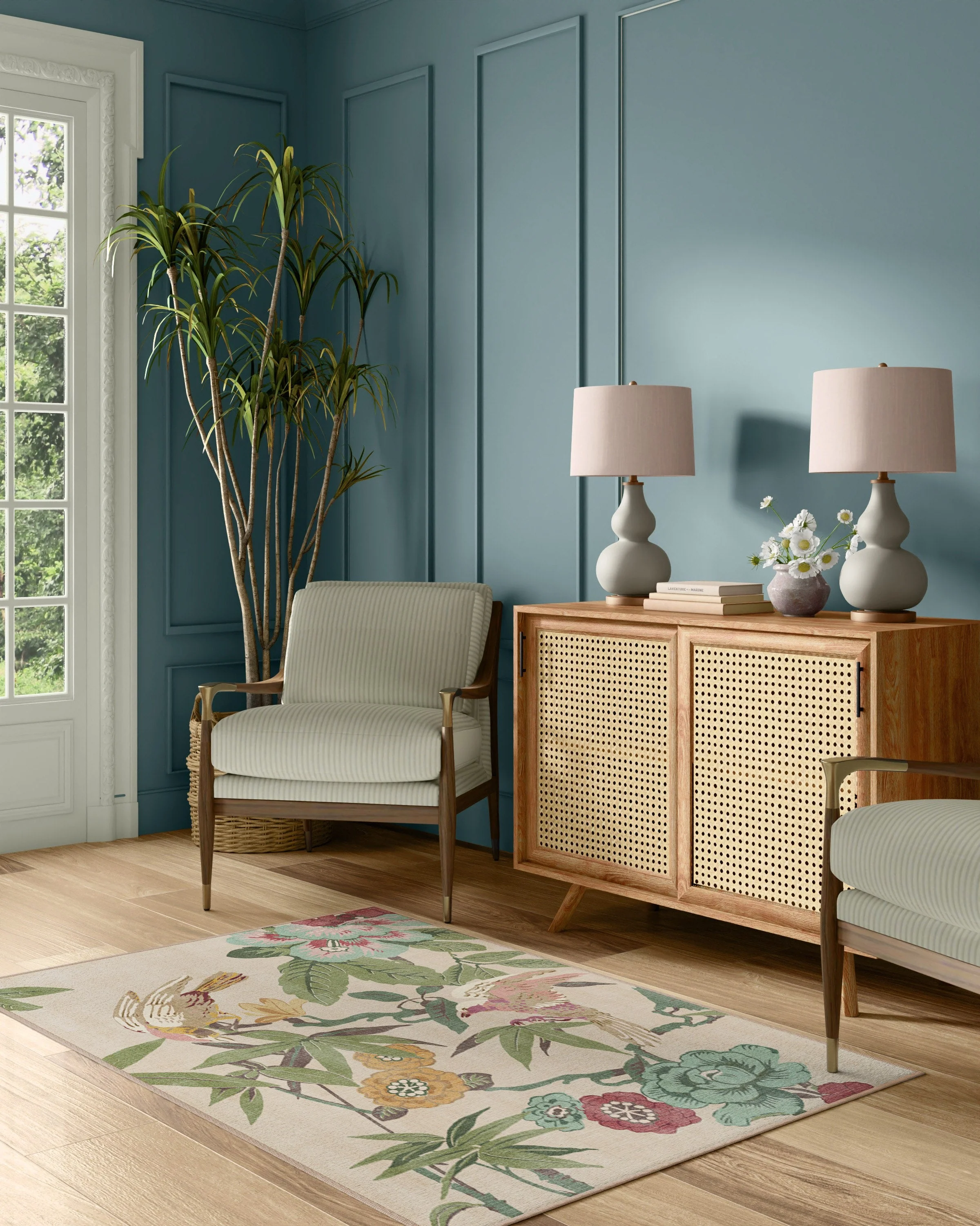 Bamboo & Bird Blush & Jade Rug by Sanderson