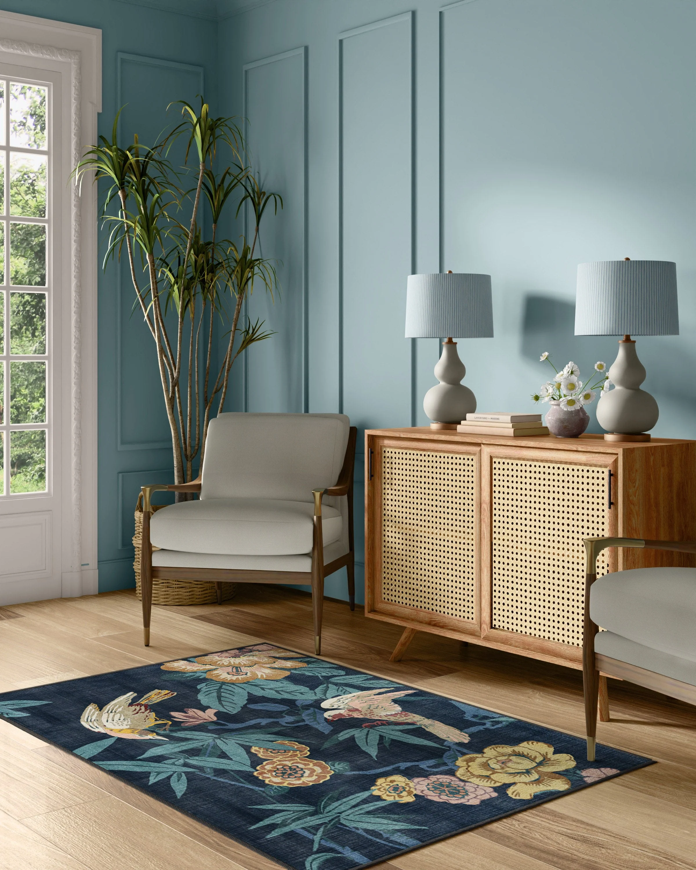 Bamboo & Bird Indigo Rug by Sanderson