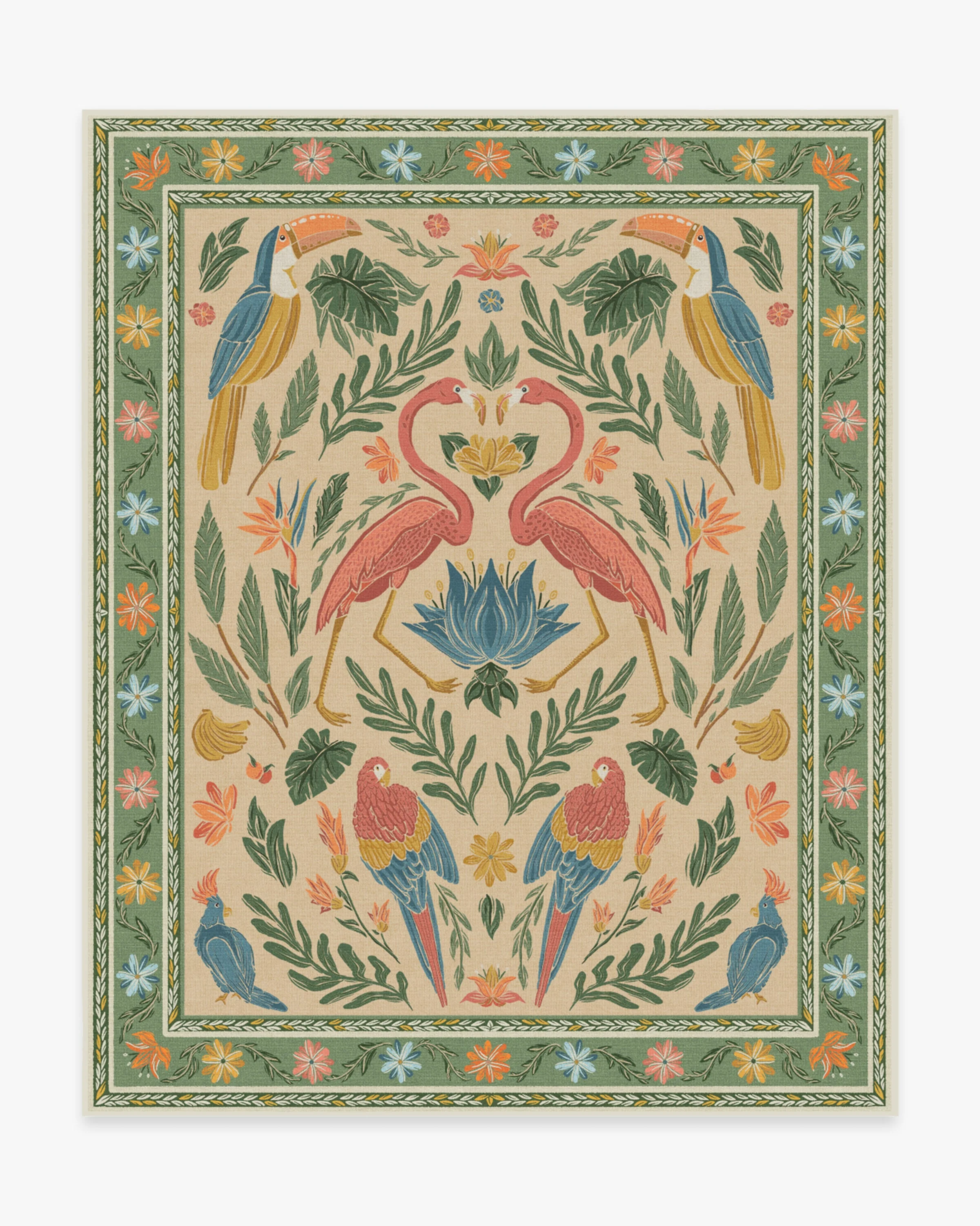 Birds Of A Feather Green & Peach Flatwoven Rug by Iris Apfel