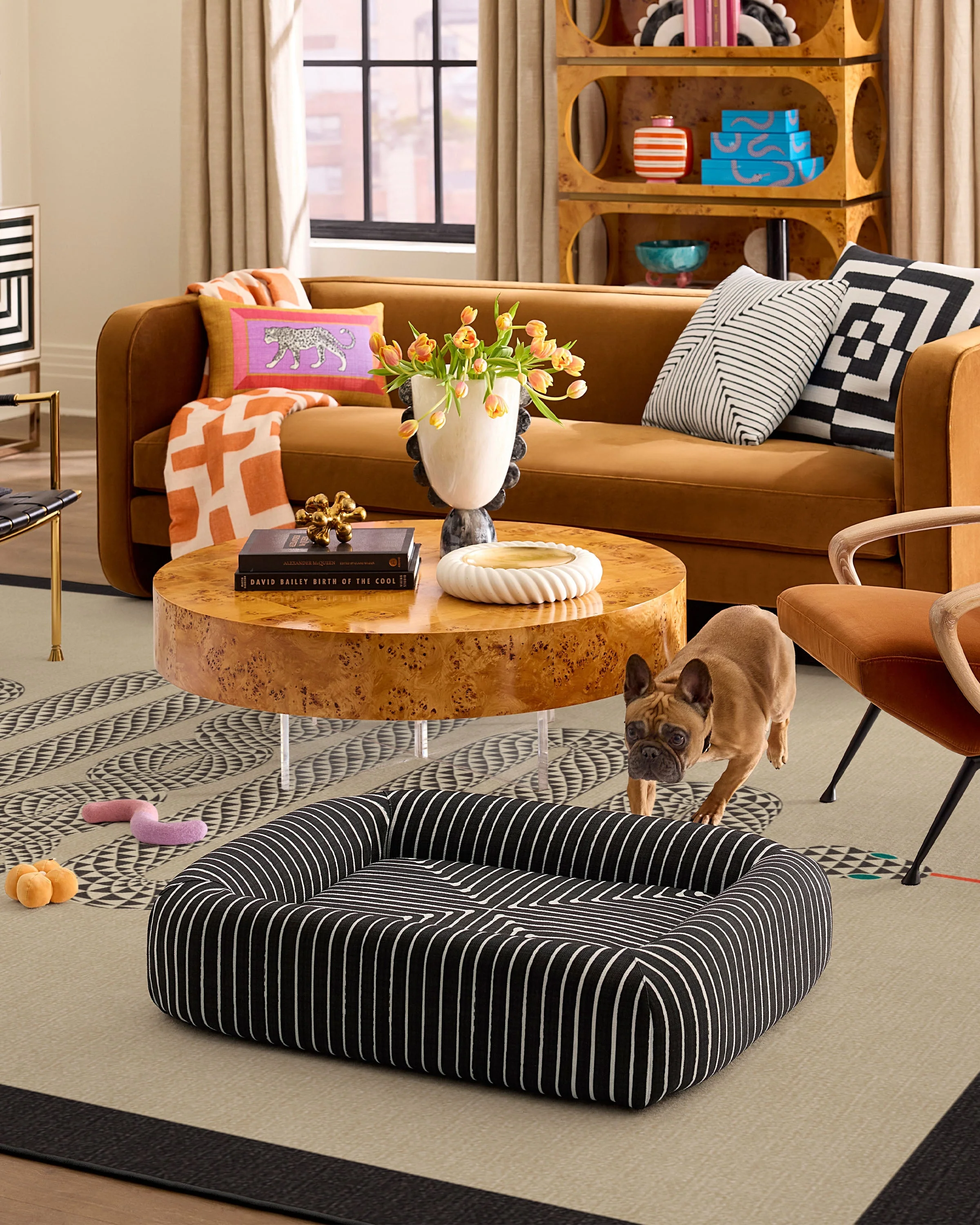 Inkdrop Charcoal Woven Bolster Pet Bed by Jonathan Adler