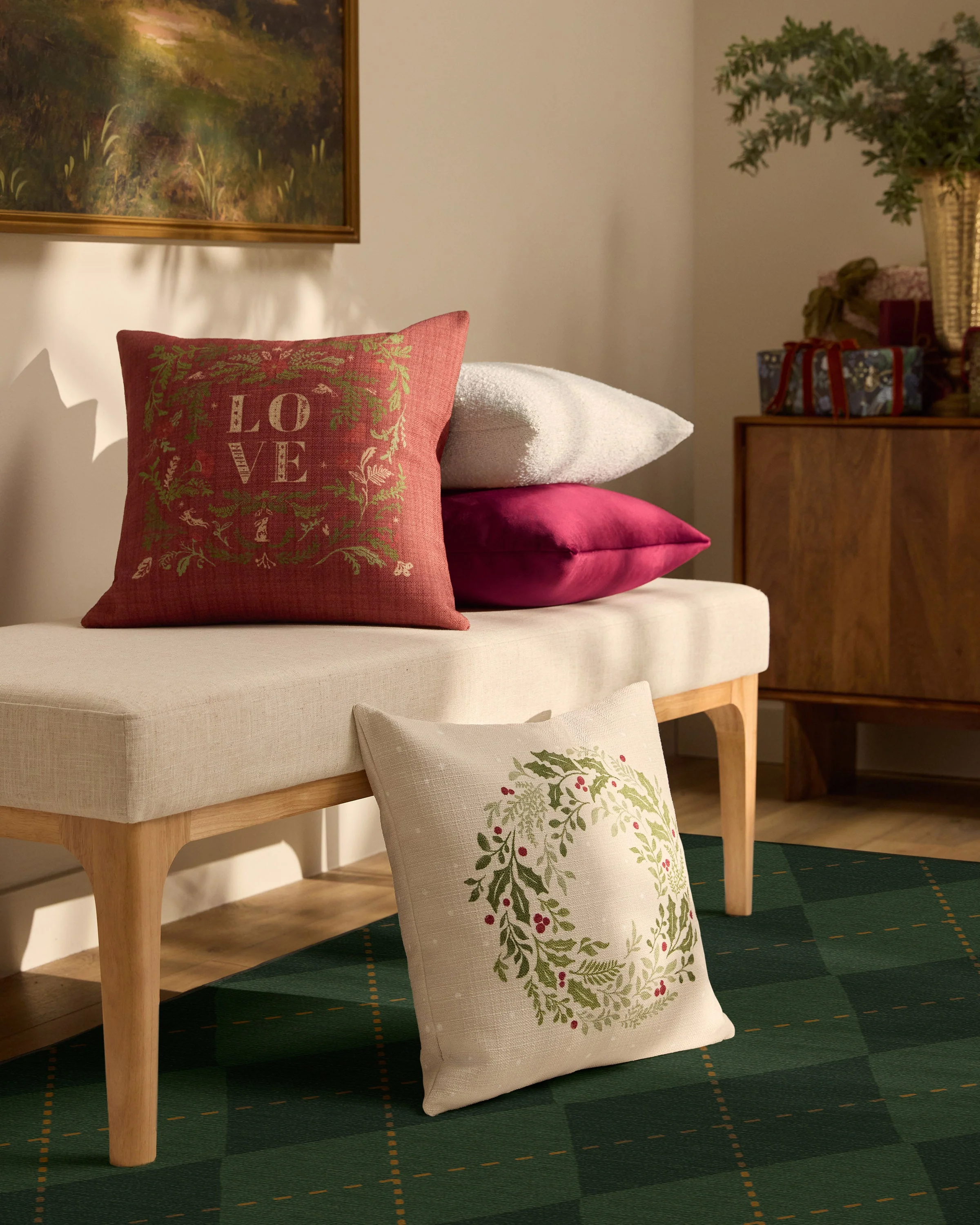 Holly Wreath Ivory Woven Throw Pillow
