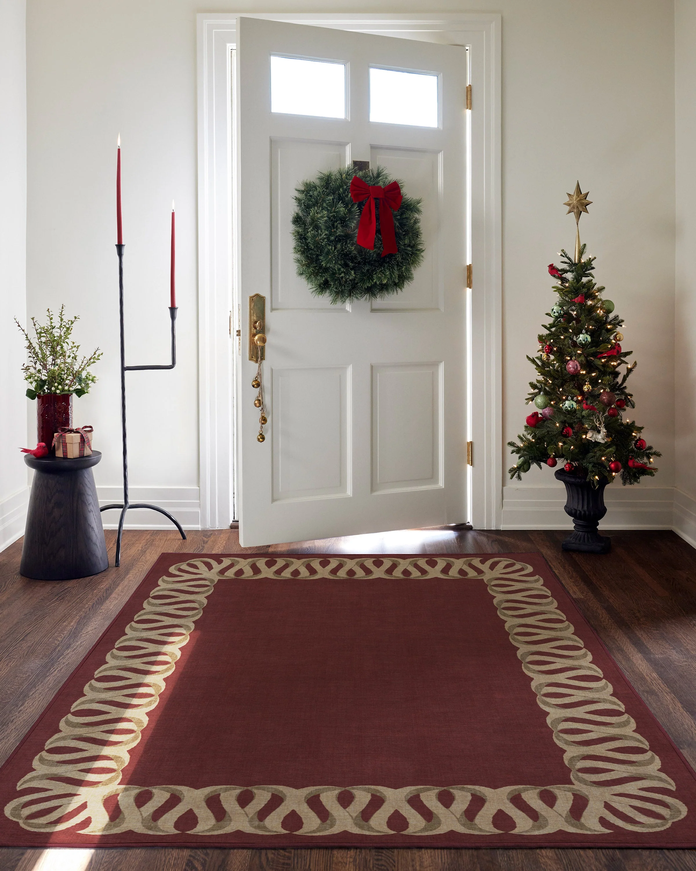 Ribbon Border Red & Natural Rug