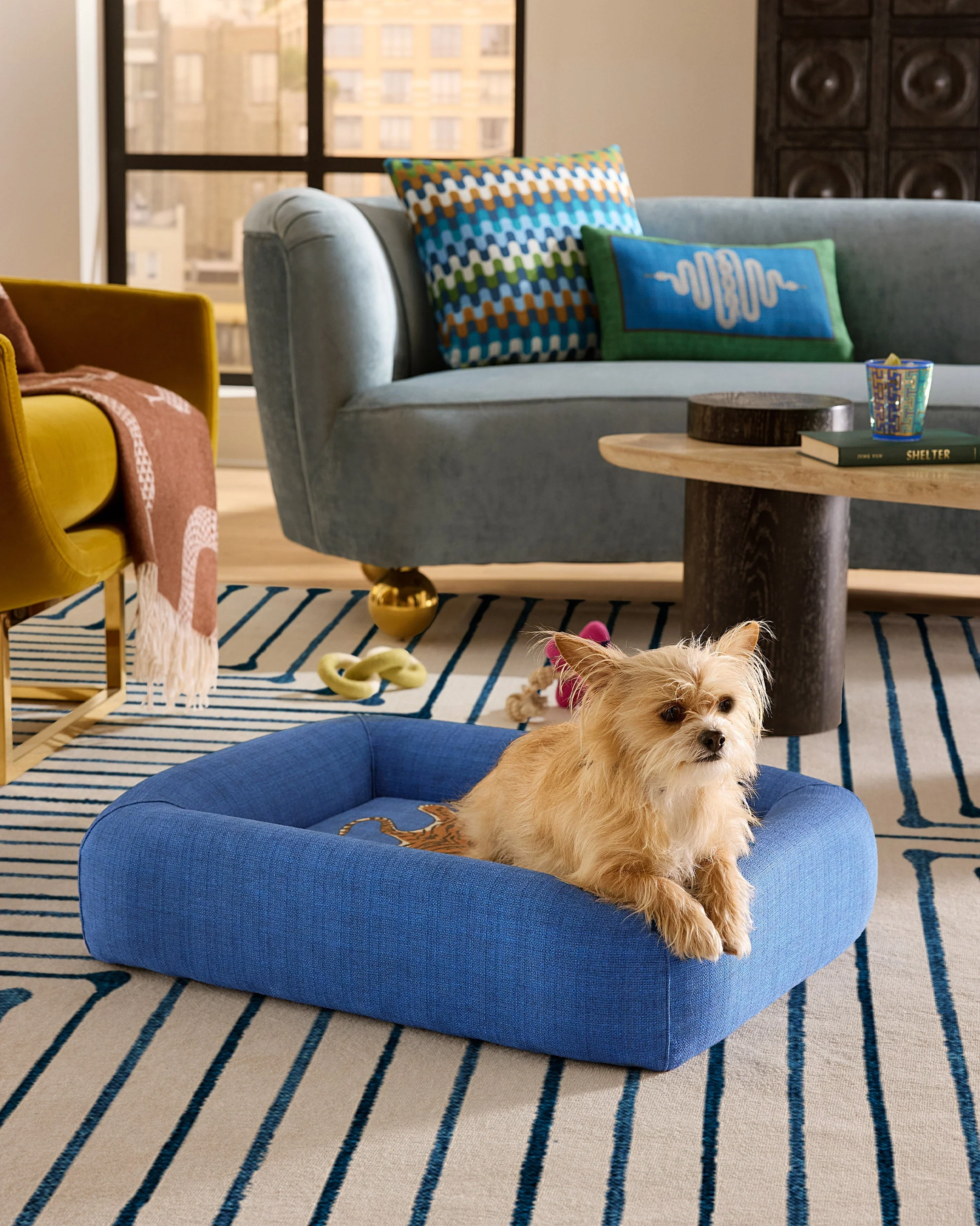 Tiger Blue Woven Bolster Pet Bed by Jonathan Adler