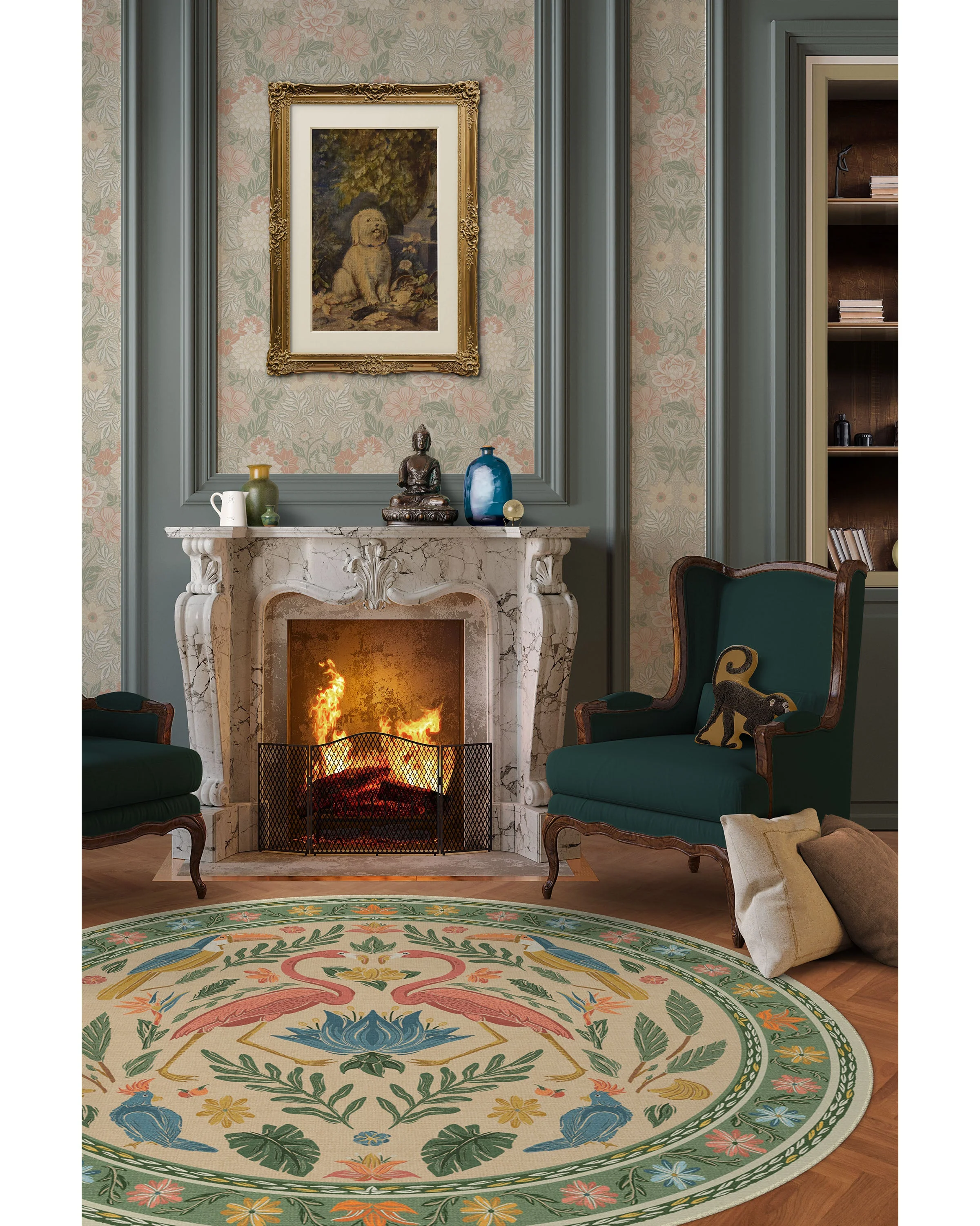 Birds Of A Feather Green & Peach Flatwoven Rug by Iris Apfel