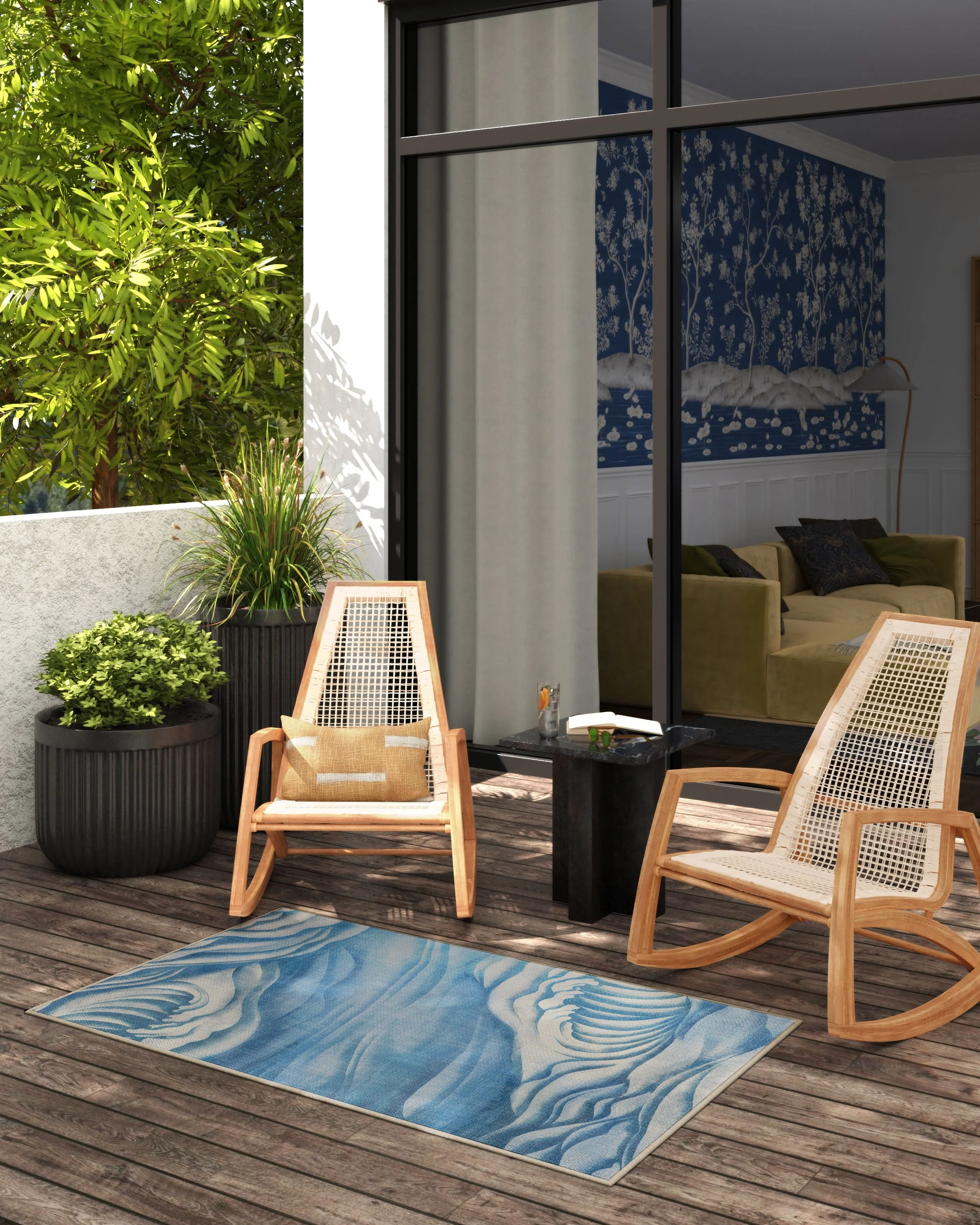 Waves Soft Blue Outdoor Rug by Gracie