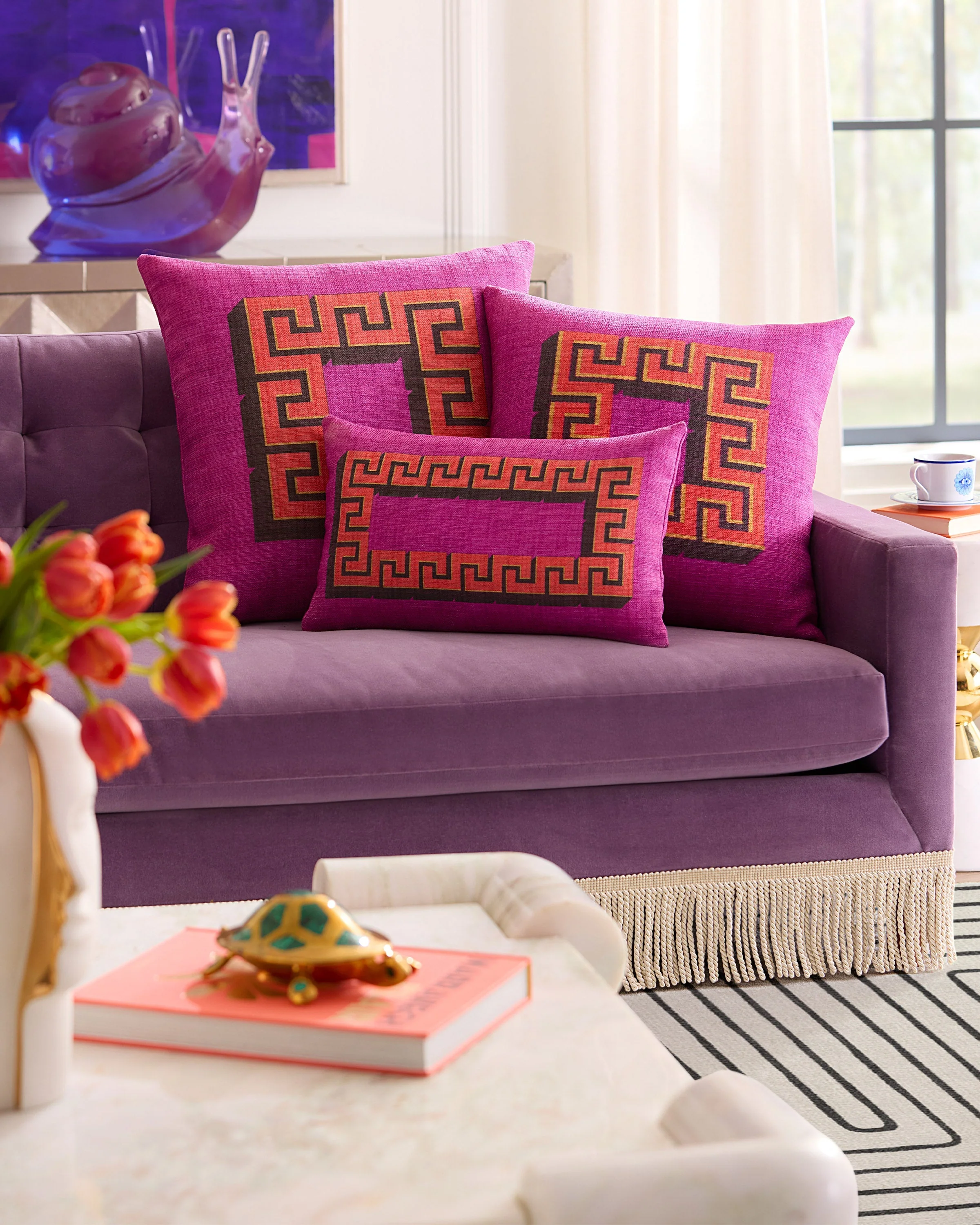 Greek Key Fuchsia Woven Throw Pillow by Jonathan Adler